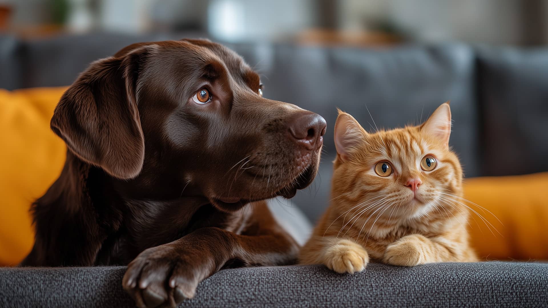Bruine labrador en rosse kat op zitbank kijken nieuwsgierig